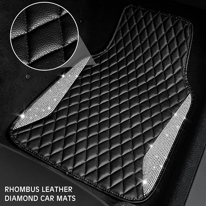 CAR PASS Bling Leather Car Mats Shining Diamond Floor Mats Crystal Rhinestone Sparkly Glitter Carpet Anti-Slip Waterproof Pad Universal Fit Automotive SUV, Sedan, Van, 5pcs Girl Women, Black Silver