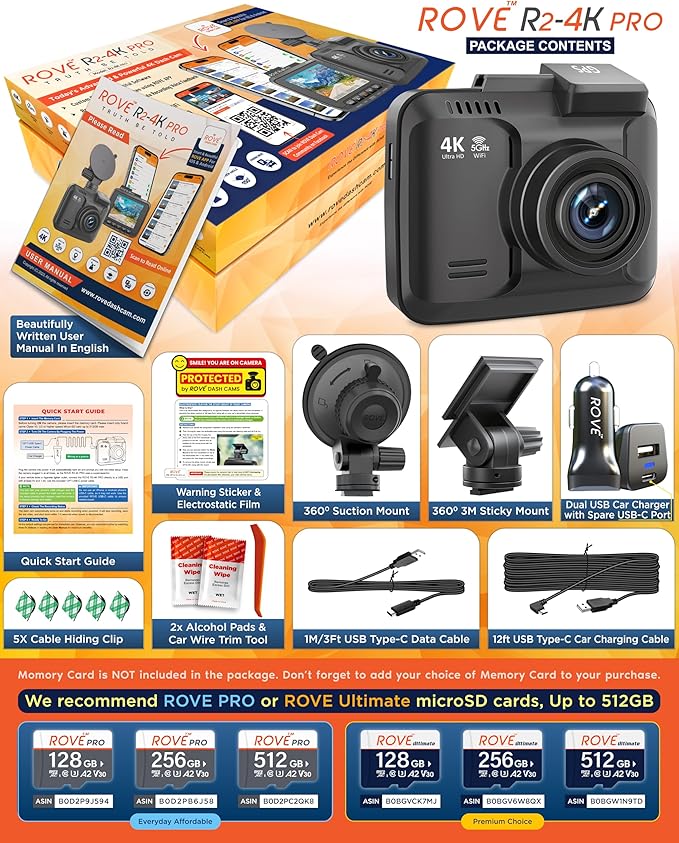 ROVE R2-4K PRO Dash Cam, Built-in GPS, 5G WiFi Dash Camera for Cars, 2160P UHD 30fps Dashcam with APP, 2.4" IPS Screen, Night Vision, WDR, 150° Wide Angle, 24-Hr Parking Mode, Supports 512GB Max