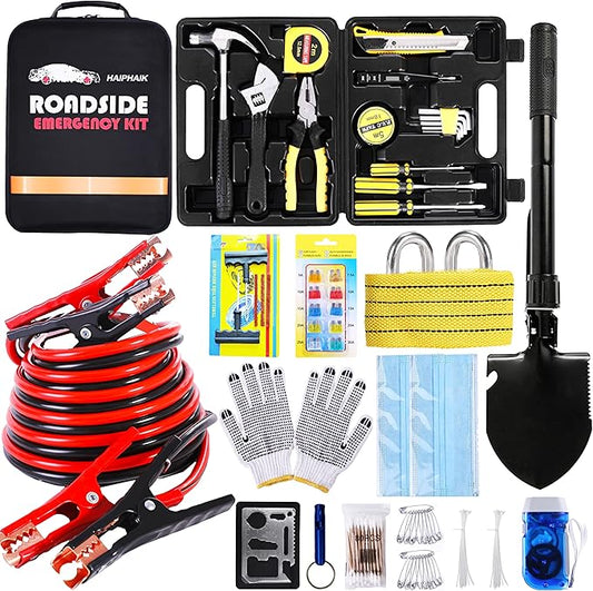 Car Emergency Kit,Emergency Roadside Kit for Car,Car Accessories for Women or Men,Car Safety Kit with Jumper Cables 11.8 FT,Tow Strap,Folding Survival Shovel,Roadside Emergency Kit