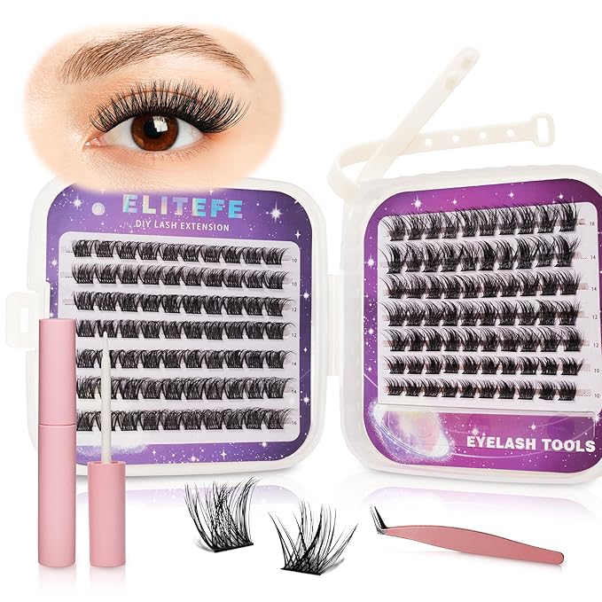 Lash Extension Kit DIY Lash Clusters Kit Eyelash Extensions Individual Lashes Extensions with (Bond,Seal,Tweezers,132Pcs,Pixie,0.07D,10-16mm)