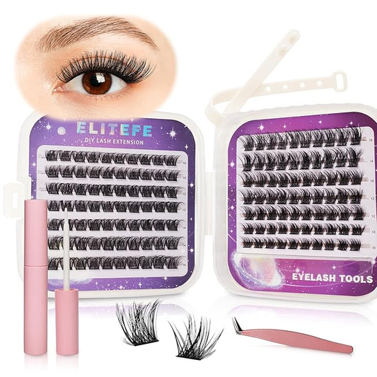 Lash Extension Kit DIY Lash Clusters Kit Eyelash Extensions Individual Lashes Extensions with (Bond,Seal,Tweezers,132Pcs,Pixie,0.07D,10-16mm)