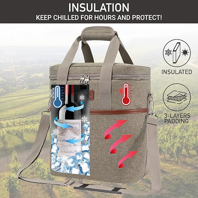 opux 6 Bottle Carrier Tote | Insulated Padded Wine Cooler Bag for Travel. Picnic, BYOB | Portable Leakproof Wine Tote Bag for Dinner, Party, Christmas, Wine Gift for Women, Men (Heather Taupe)
