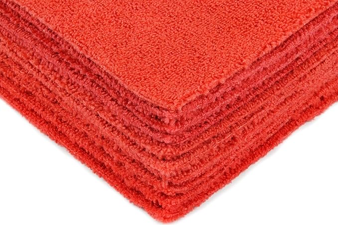 Eurow Ultrasonic Cut 300 GSM Microfiber Cleaning Towels, Streak-Free, Lint-Free, Ultra Absorbent, Scratch-Safe, for Auto Detailing, Home, Kitchen & Multipurpose Use, 16x16, 12-Pack, Red