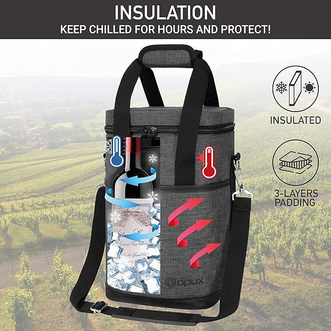 Opux Insulated Wine Tote, 4 Bottle Cooler Bag - Leakproof, Padded Portable Carrier for Travel, Picnic, BYOB - Gift for Wine Lovers (Charcoal Gray)