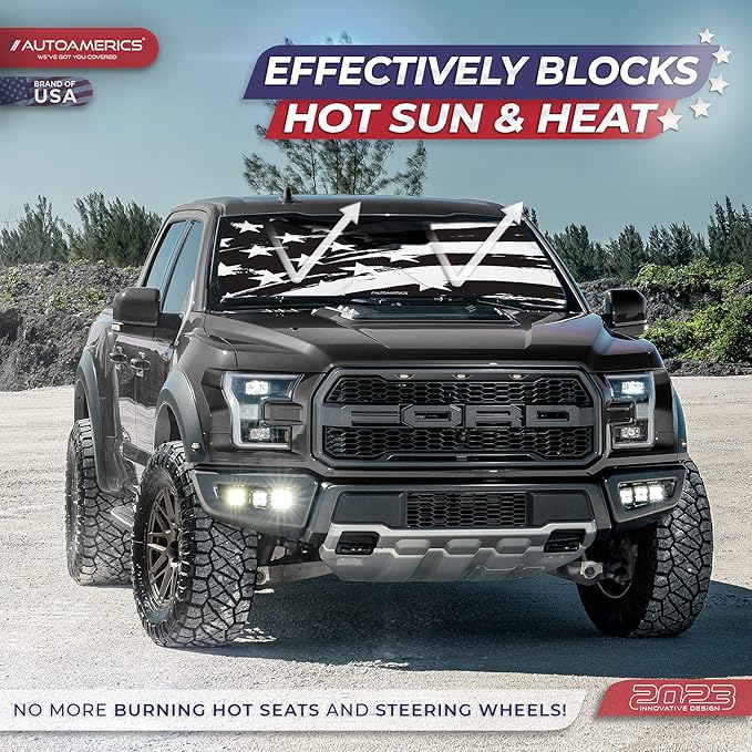 Autoamerics 1-Piece Windshield Sun Shade B&W Art American Flag USA Design - Foldable Car Front Window Sunshade for Most Sedans SUV Truck - Blocks Max UV Rays and Keeps Your Vehicle Cool - Medium