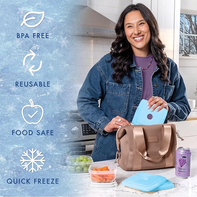 Cool Coolers By Fit & Fresh 4 Pack Slim Ice Packs, Quick Freeze Space Saving Reusable Ice Packs for Lunch Boxes or Coolers, Blue