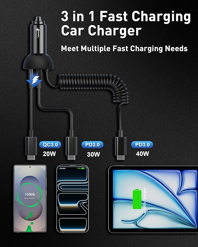 iPhone 17e 17 16 15 Pro Max Car Charger Fast Charging, 3-Port 90W Fast USB C Car Charger Adapter Cigarette Lighter with 4FT Coiled USB C Cable for iPhone 17e/17/17 Pro Max/Air/16/15 Pro/Plus, iPad