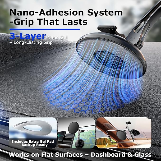Dual Support for MagSafe Car Mount, Magnetic Phone Holder for Car with Vacuum, 360°Adjustable Metal Head &Extension Rod, Cell Phone Holders for Your Car for iPhone17/16/15/14/13/12, Android