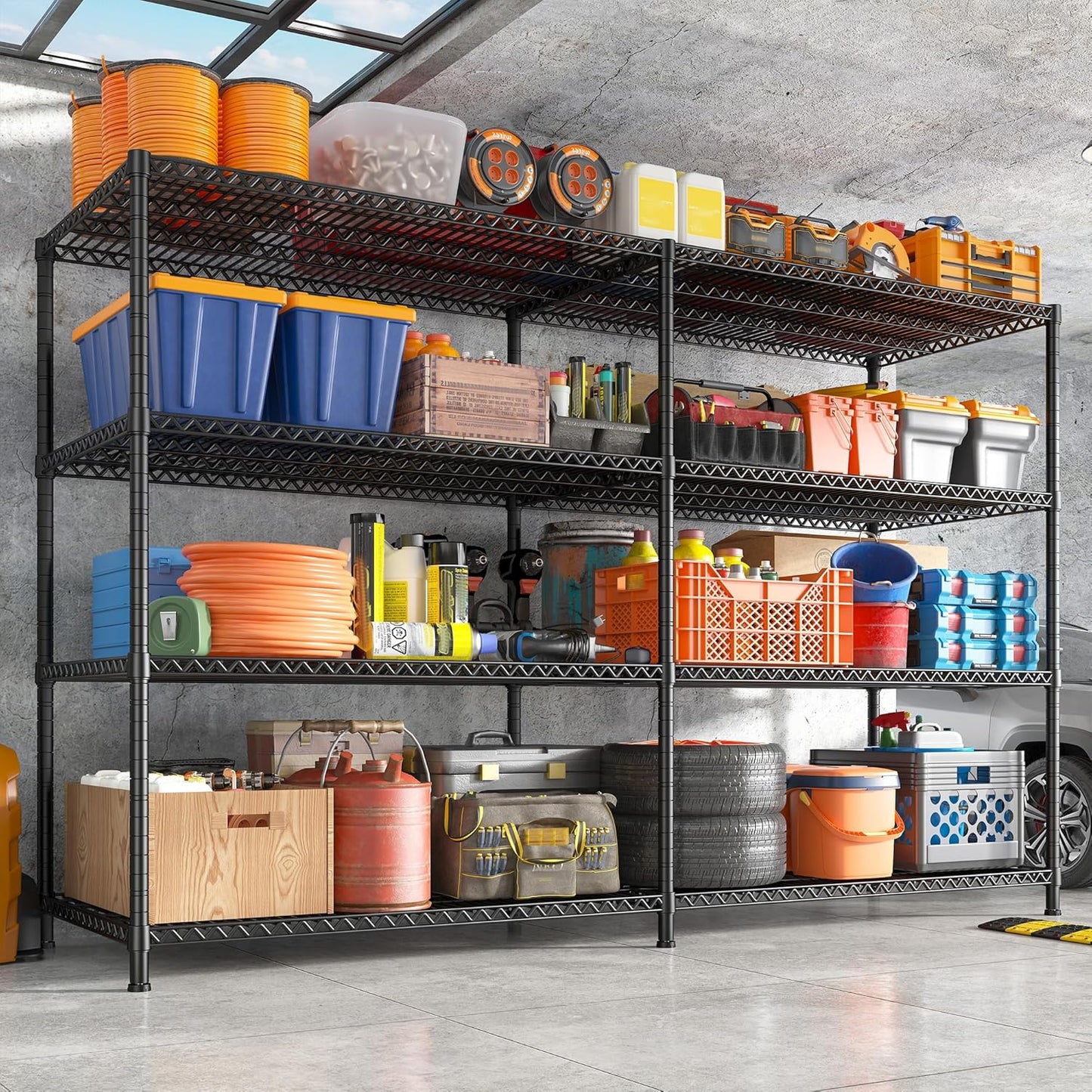 REIBII 81.5''W Storage Shelves 3680LBS Garage Shelving Heavy Duty 4 Tier Metal Shelving Unit Adjustable Wire Shelf and Storage Pantry Shelves for Kitchen Garage, 81.5Wx23.62Dx70.86H，Black, 2PCS