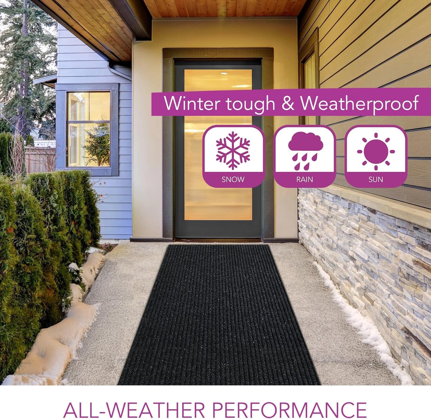 iCustomRug Spartan Weather Warrior Indoor/Outdoor Utility Ribbed Carpet Runner with Non-Slip Thermoplastic Rubber Backing, 28in X 22ft in Black