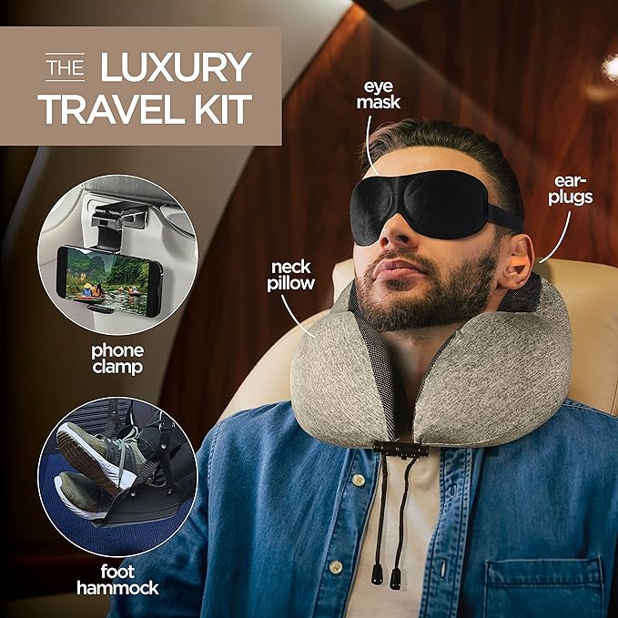Homeify Airplane Travel Kit – Adjustable Memory Foam Airplane Neck Pillow with Phone Holder, Eye Mask, Foot Hammock, and Earplugs – 6 Piece Plane Travel Essentials for Long Flights