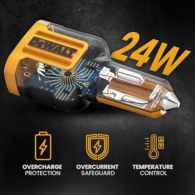 DEWALT Heavy Duty 24W USB Car Charger Adapter, Cigarette Lighter Adapter USBA Charger, Fast Charging Car Lighter USB Adapters, Cell Phone Automobile Chargers for iPhone, Samsung Galaxy, iPad