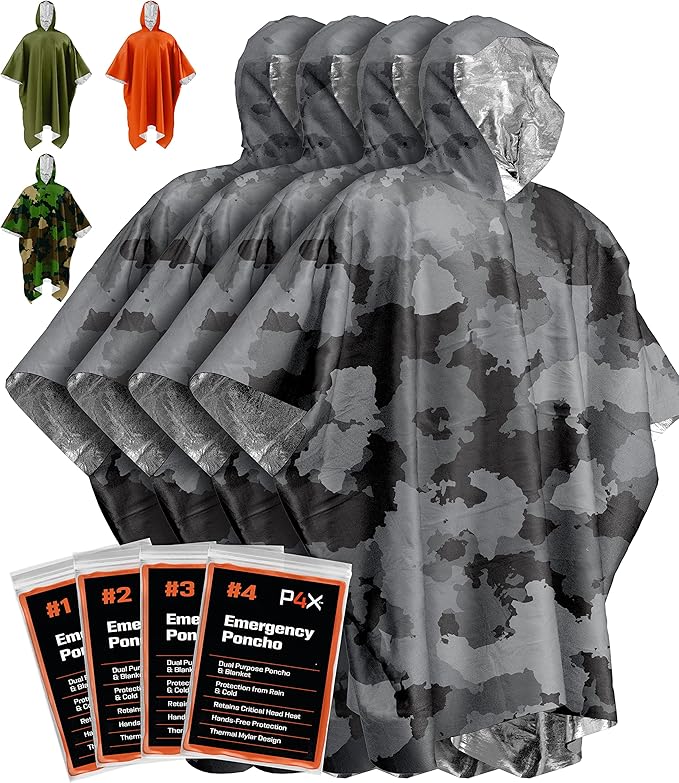 PREPARED4X Emergency Mylar Poncho – Survival Rain Poncho with Hood – Lightweight, Compact, Reusable Emergency Blanket Poncho for Hiking, Camping, Thermal Gear, Car Kit, Outdoors