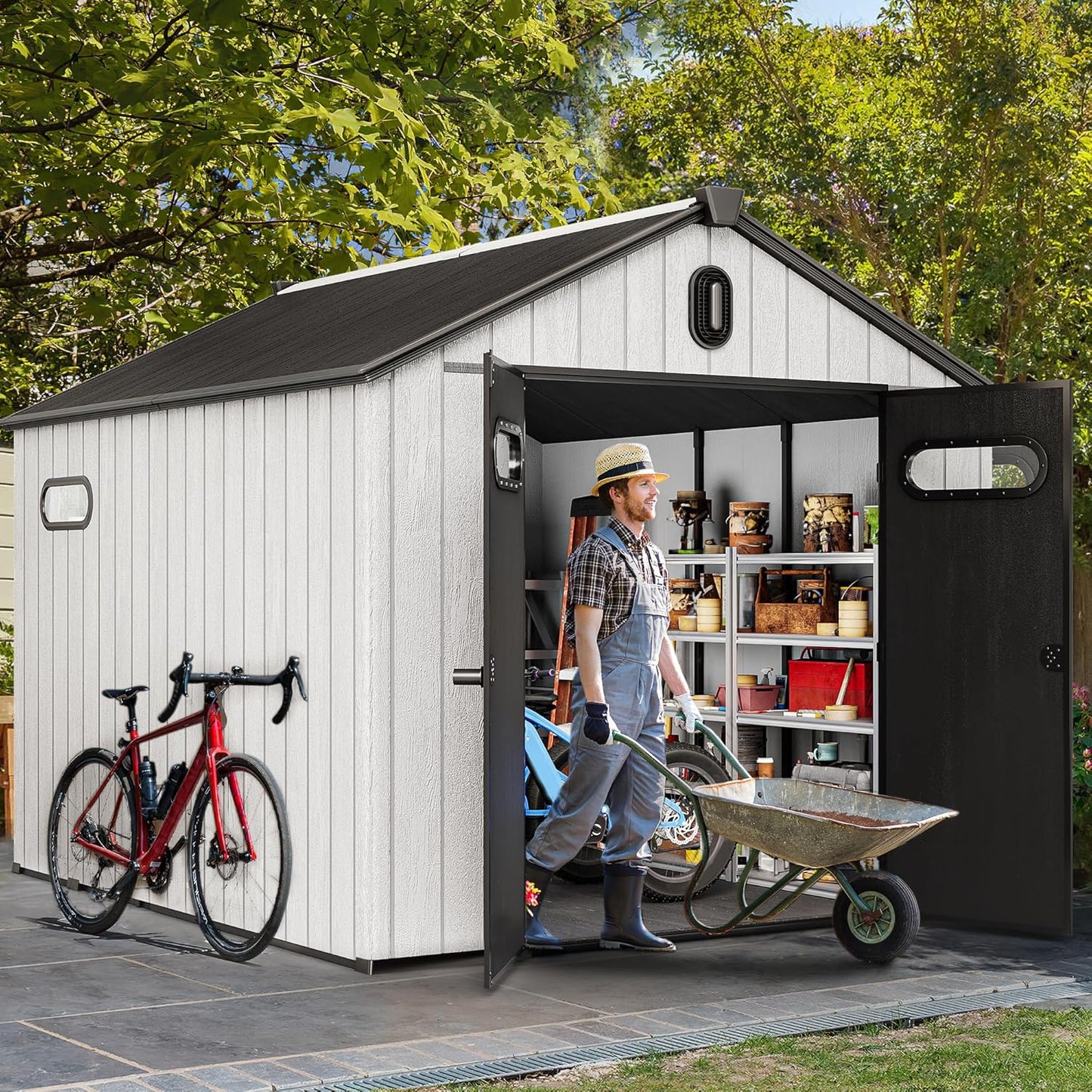 YITAHOME 8x10ft Outdoor Resin Storage Shed with Floor, 544 cuft Waterproof Garden Shed with Lockable Door, Windows & Vents, Plastic Tool Storage for Patio Furniture, Lawnmower, and Bike Storage, Gray