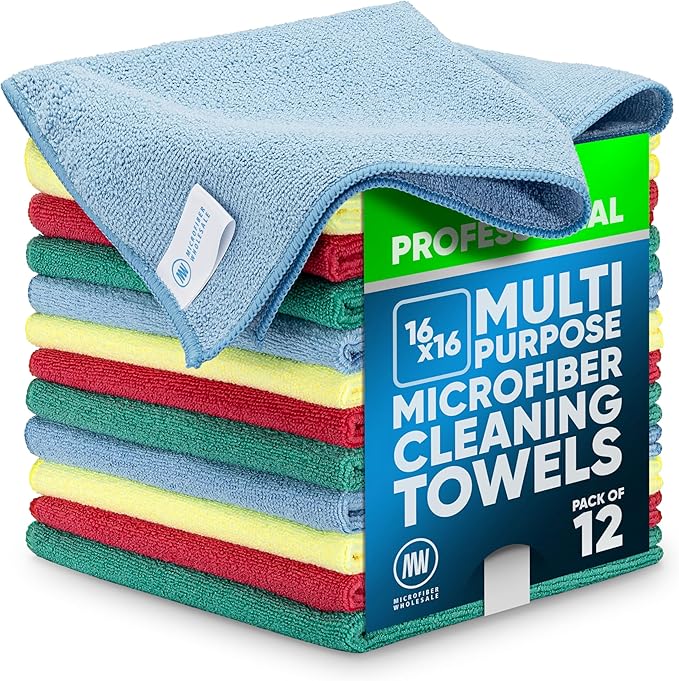 MW Pro Microfiber Cleaning Cloth | Blue Green Red Yellow | 12 Pack | 16” x 16” | All Purpose Microfiber Towels - Clean, Dust, Polish, Scrub, Absorbent