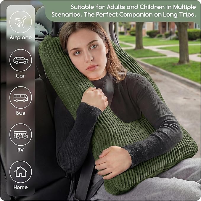HIGOGOGO Washable Travel Pillow, Car Pillow for Kids & Adults, Travel Pillows with Removable Soft Cover and High-Support Foam, Fix Neck and Body Sitting/Sleeping on The Trip, Dark Green