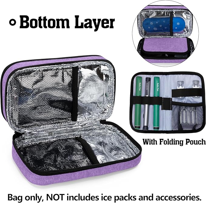 CURMIO Insulated Insulin Cooler Travel Case, Double Layer Diabetic Supplies Storage Bag with Detachable Pouches for Diabetic Medication and Ice Packs, Purple, Empty Bag Only