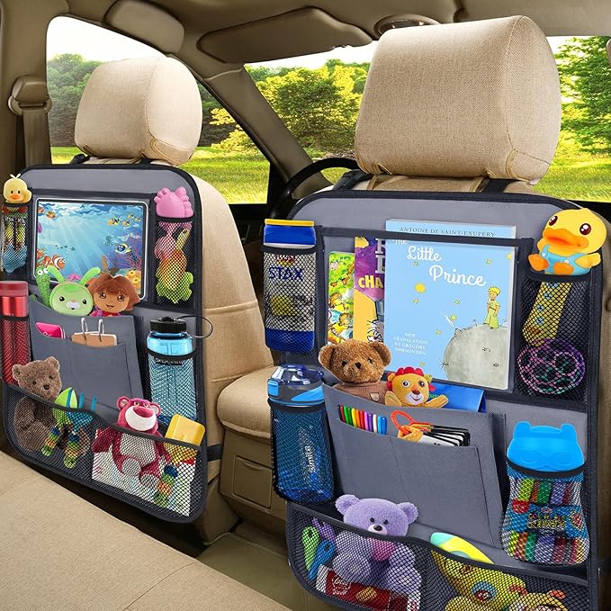 ULEEKA Car Backseat Organizer with 11" Table Holder, 10 Storage Pockets Seat Back Protectors Kick Mats for Kids Toddlers, Travel Accessories, 2 Pack, Gray