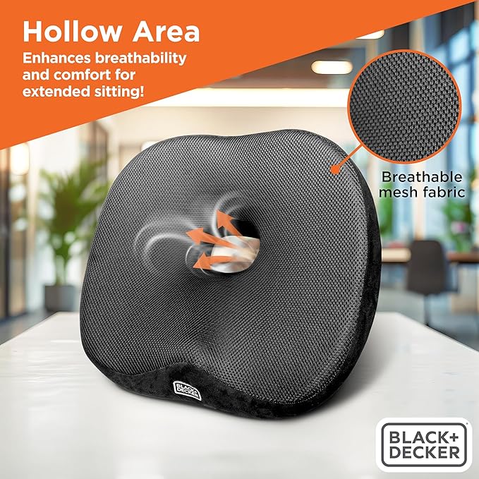 BLACK+DECKER High Back Tailbone Seat Cushion – Memory Foam Chair Cushion for Office, Car, Wheelchair & Airplane – Ergonomic, Non Slip, Breathable Mesh, Sciatic Pain Relief, Washable Cover, Black