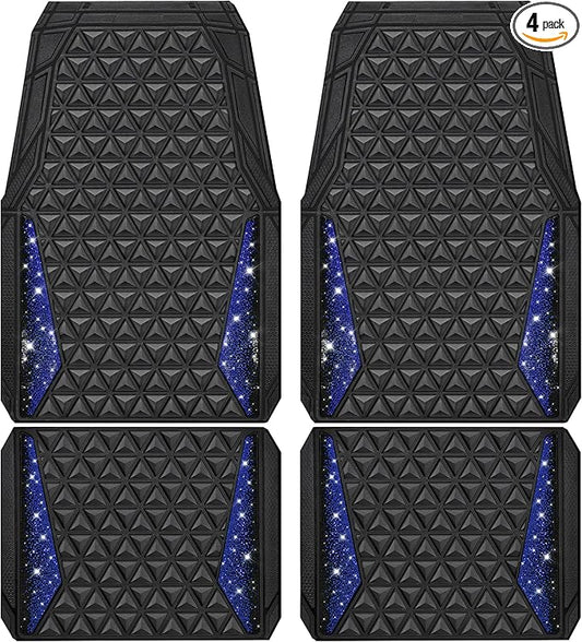 CAR PASS Bling Diamond Car Mats Rubber Floor Mats Full Set Anti-Slip 3D Rhombus Waterproof Trim to Fit Liner Universal Glitter Crystal Sparkly Shining Rhinestone Girl Women SUV Sedan Van, Black Blue