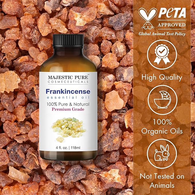 Majestic Pure Essential Oil with Glass Dropper - 100% Pure and Natural - Essential Oils for Diffuser, Aromatherapy, Soap and Candle Making, Frankincense Essential Oil, Frankincense Oil, 4 Fl Oz