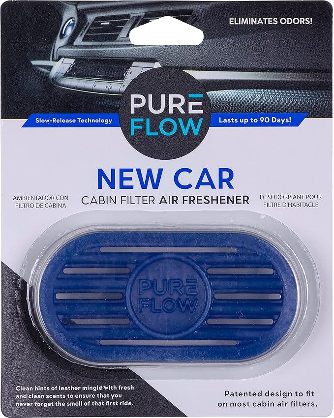 PUREFLOW Cabin Filter Air Freshener with Odor Eliminator – Fits on Most Car, Truck, and SUV Cabin Air Filters - New Car (1 Pack)