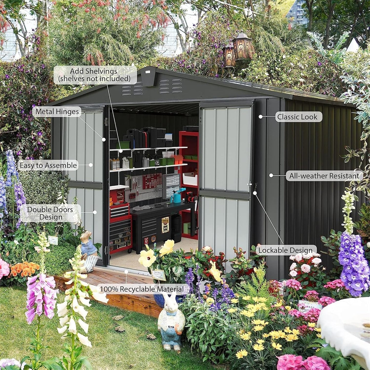 IKERY Galvanized Steel Storage Shed - 10' x 8' with Lockable Door, Extra - Large Metal Garden Shed for Bikes, Tools and Trash Cans, Perfect for Backyard and Patio, Dark Gray