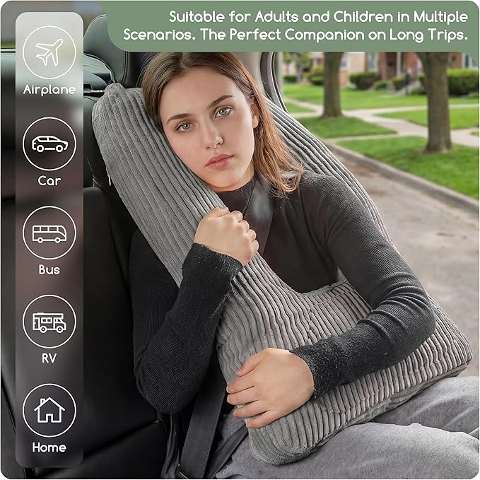 HIGOGOGO Washable Travel Pillow, Car Pillow for Kids & Adults, Travel Pillows with Removable Soft Cover and High-Support Foam, Fix Neck and Body Sitting/Sleeping on The Trip, Dark Grey