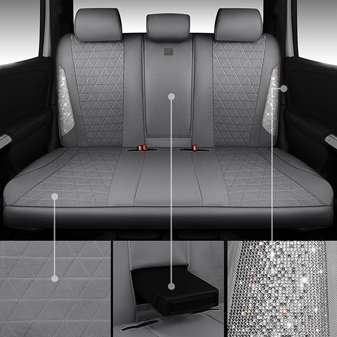 CAR PASS Gray Oxford Bling Diamond Car Seat Covers Full Set Interior Sets, Waterproof Shining Glitter Sparkly Crystal Universal Armrest Fit 95% Automotive Truck SUV Cute Women Girl, Gray Rhinestone