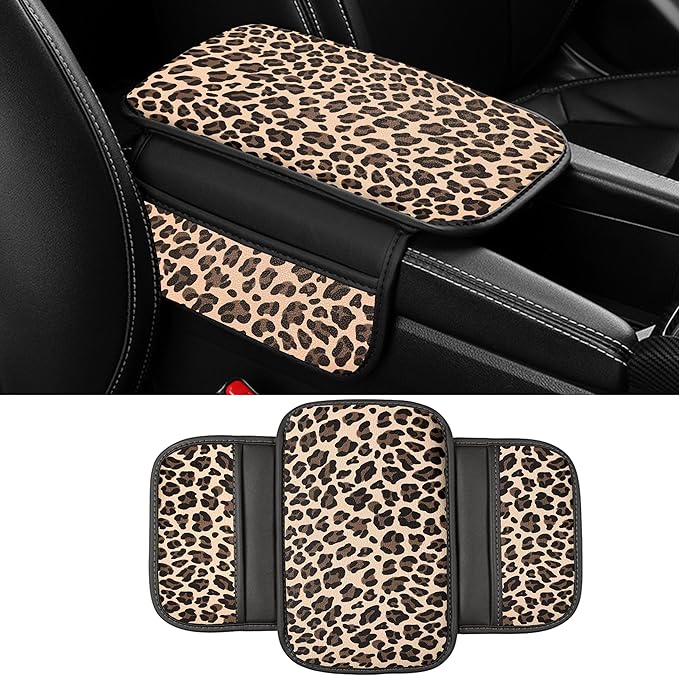 Dotesy Cheetah Print Car Center Console Cover,Microfiber Leather Car Armrest Pad Cushion with 2 Storage Bags,Universal Car Armrest Storage Box Car Interior Accessories for Most Vehicles Beige Tan