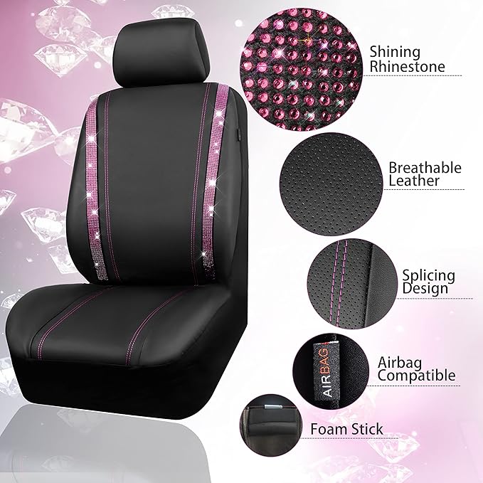 CAR PASS Leather Bling Diamond Car Seat Covers 2 Front Interior Sets, Waterproof Universal Shining Glitter Crystal Sparkle Fit for Automotive Truck SUV Cute Women Girl, Black Pink Rhinestones