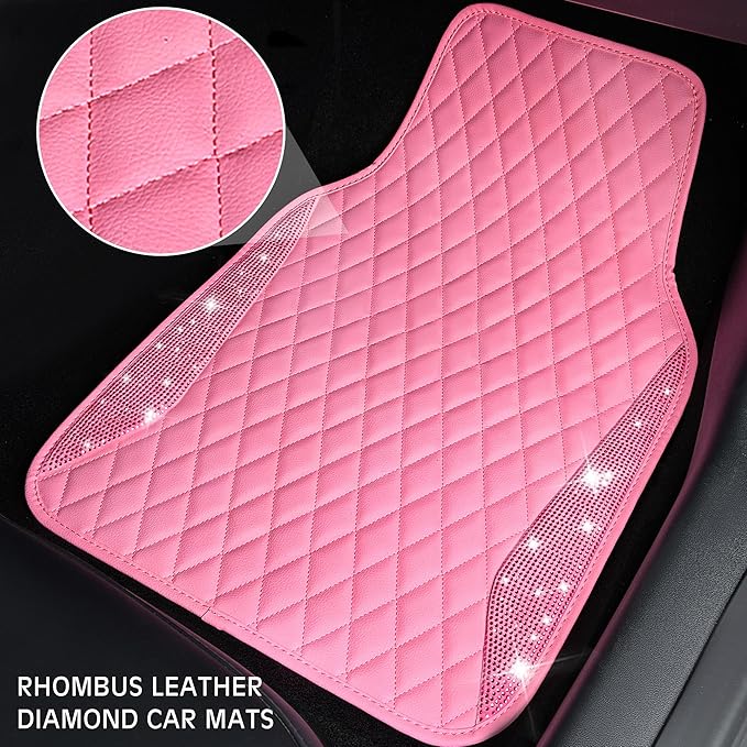 CAR PASS Bling Leather Car Mats Shining Diamond Floor Mats Crystal Rhinestones Sparkly Glitter Carpet Anti-Slip Waterproof Pad Universal Fit for Automotive SUV, Sedan, Van, 5pcs for Girl Women Pink
