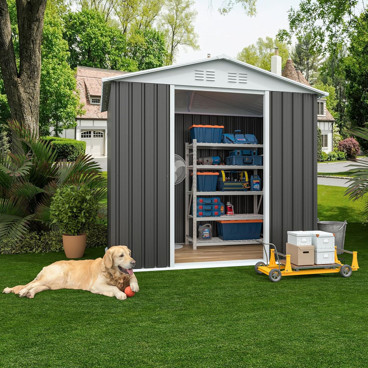 6x4 FT Outdoor Storage Shed, Metal Garden Shed with Frame Floor, Outside Tool Shed with Lockable Sliding Doors & 4 Air Vents, Waterproof Storage Building for Backyard, Patio, Lawn, Gray