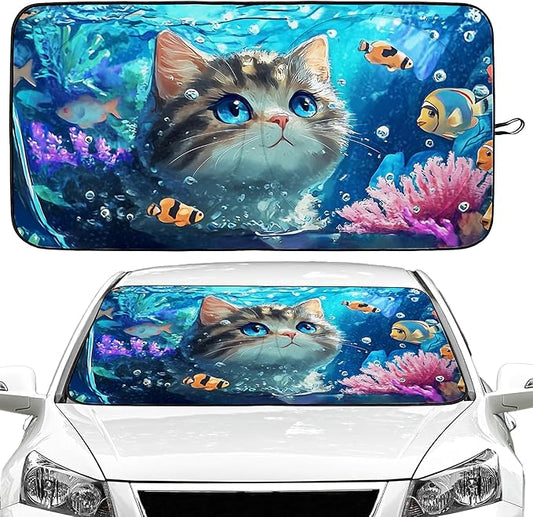 Cat and Fish Car Windshield Sun Shade Foldable Sunshade Front Window Cover Sun Visor Protector Accessories (59x27.5 inches)