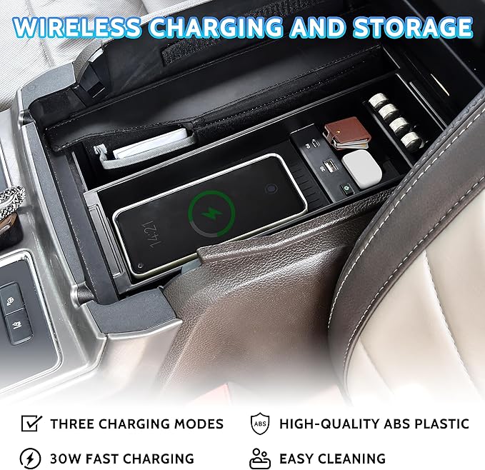 KEWISAUTO F150 Center Console Organizer with Wireless Charger, USB-A USB-C Center Console Tray Fast Wireless Charger for 2009-2020 2021 2022 2023 Ford F-150 F150 Accessories