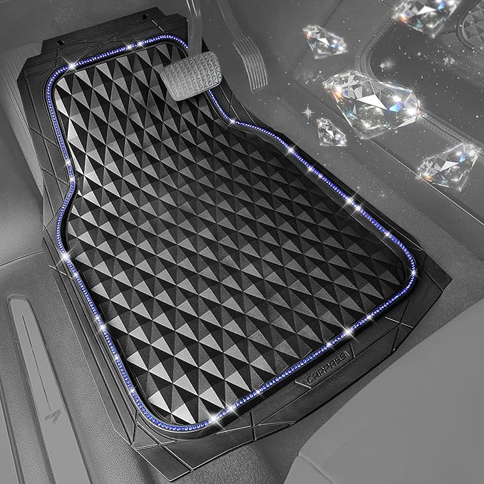 CAR PASS Bling Diamond Rubber Car Mats, Heavy Duty Deep Dish All-Weather Floor Mat Full Set Anti-Slip 3D Rhombus Waterproof Trim to Fit Liner Universal Glitter Sparkly Shining Rhinestone, Black Blue