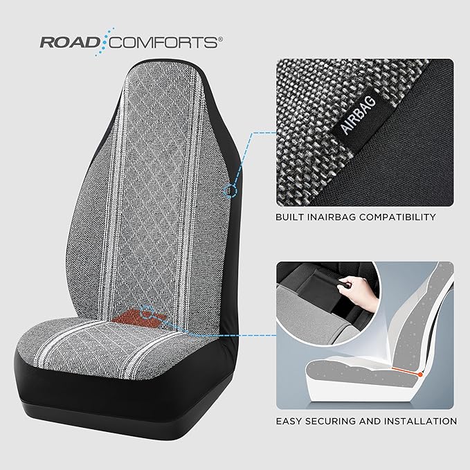 Road Comforts Baja Blanket Seat Covers Gray Diamond High Back Bucket Seat Covers - Jacquard Fabric, Airbag Compatible, Universal Fit for Cars, Trucks, SUVs, and Vans