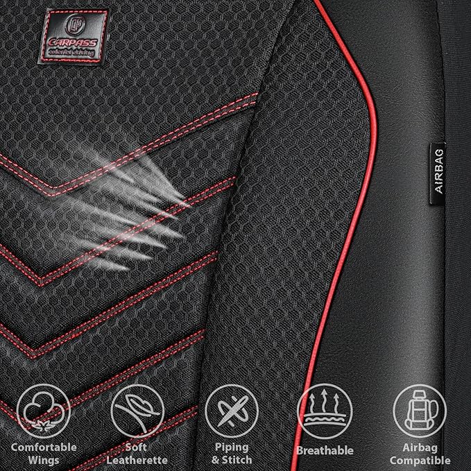 CAR PASS 3D Foam Mesh Leather Car Seat Covers Front Seats, Breathable Front Seat Cover for Cars, Comfortable Universal Fit for SUV Truck Sedan Automotive Anti-Slip Airbag Compatible, Black and Red