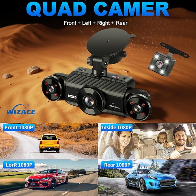 4 Channel Dash Cam 360° View 5G WiFi & APP Control, WIZACE 2K Front and Rear Inside, Left Right Dash Camera for Cars Free 64GB TF Card, G-Sensor, Night Vision, 24H Parking Mode