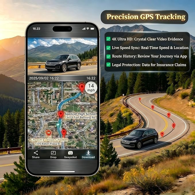 Dash Cam Front and Rear with GPS, 4K+1080P Dash Camera for Cars, 7Track Dual Car Camera with Built-in GPS Tracker, 64GB Card, 3.19" IPS Screen, WiFi, HDR, Night Vision, Parking Mode, Loop Recording