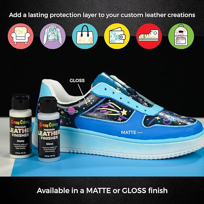 Crazy Colors Premium Gloss Acrylic Leather and Shoe Paint Finisher, 2 oz Bottle - Clearcoat Sealant Protection - Durable Scratch, Crack, Peel, and Fade Resistant Finish - Artwork Jackets, Bags, Purses