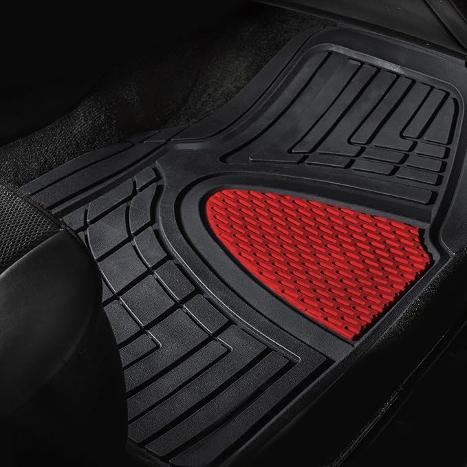 FH GROUP Car Seat Covers Premium Tall Channel Rubber Trimmable Floor Mats w. FH3001 Snake Pattern Silicone Steering Wheel Cover- Universal Fit for Trucks, SUVs, and Vans (Red/Black) F11311