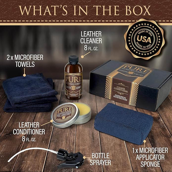 Leather Cleaner, Conditioner and Detailer Kit - Natural Beeswax Formula for Car Seat, Couch, Furniture, Purse, Boots & Jackets - Auto Interior Detailing Set - Made in USA (Basic Kit)