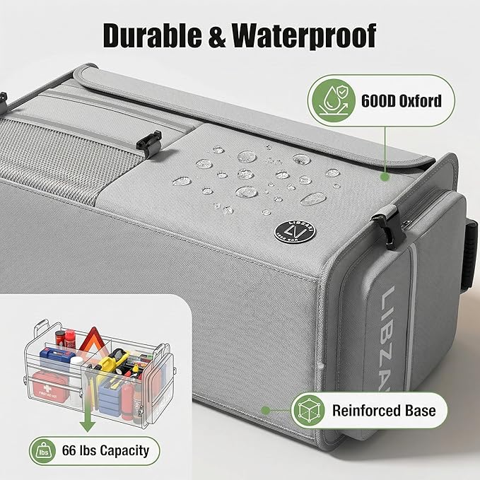 LIBZAKI Car Trunk Storage Organizer, Multi Compartment Collapsible Trunk Storage Box for Car Truck SUV-Gray