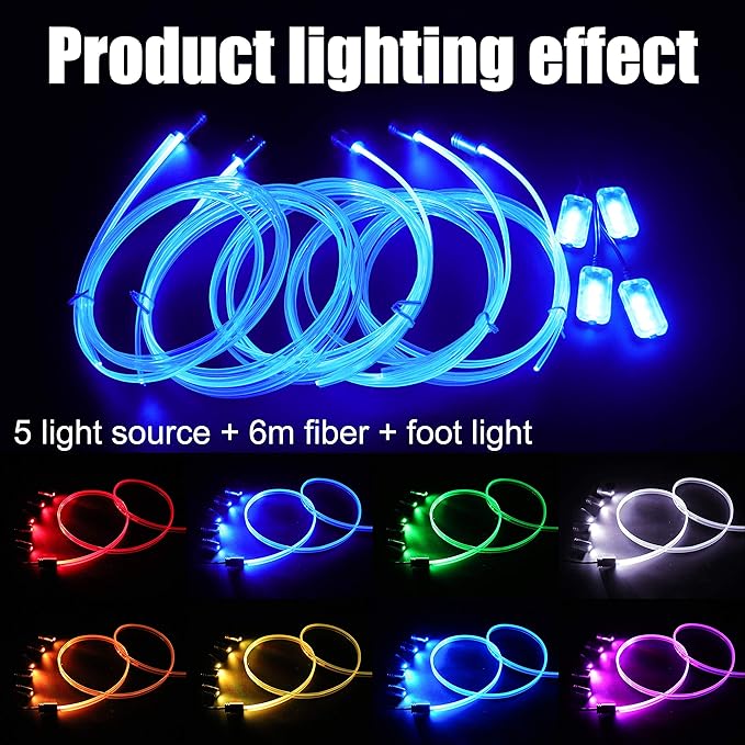 6 Meters Optic Fiber Car Ambient Footwell Lighting with Bluetooth App Control 64 Colors Multicoloured Music Interior Lighting Kit DC 12V 1W