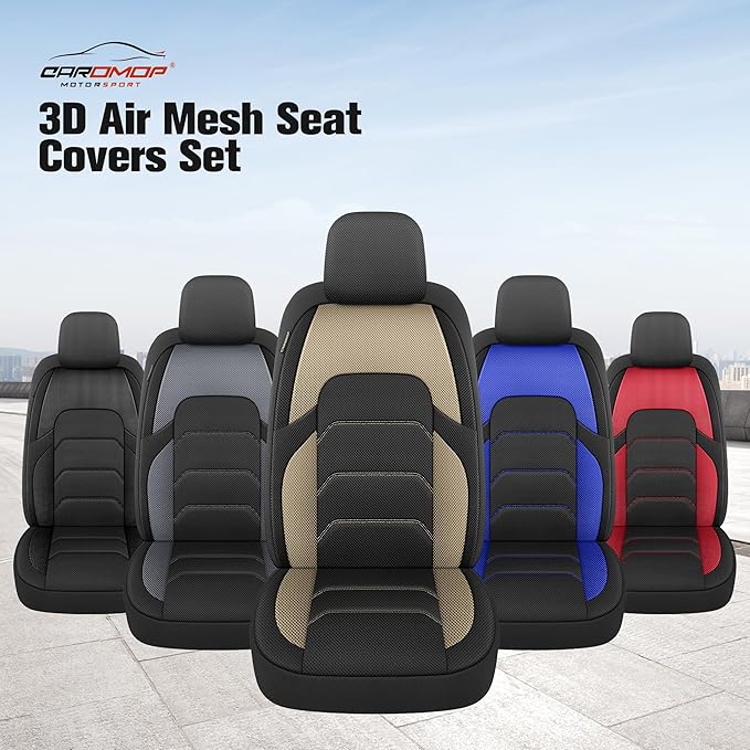 CAROMOP 3D Air Mesh Car Seat Covers 2 Front Seats,Breathable and Durable Seat Covers for Cars,Universal Fit for SUV,Vans,sedans, Trucks, Automotive Interior Covers(Black/Beige)
