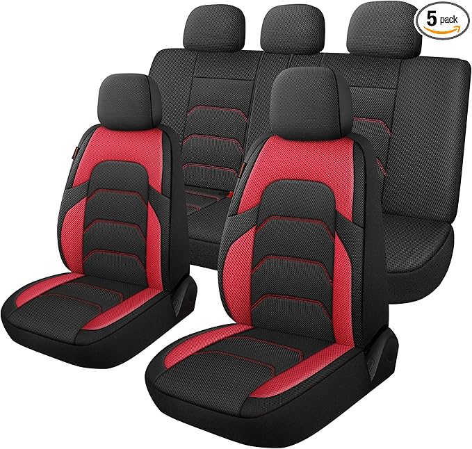 CAROMOP 3D Air Mesh Car Seat Covers Full Set,Breathable and Durable Seat Covers for Cars,Split Bench Compatible,Universal Fit for SUV,Vans,sedans, Trucks, Automotive Interior Covers(5-Seat Black/Red)