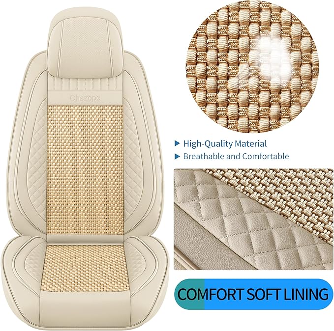 Chezope Car Seat Covers Full Set, Beige Leather Seat Covers, Breathable Front and Back Car Seat Protectors, Wear-Resistant Seat Covers Universal Fit for Most Cars SUV Truck (Beige-Stripes-B, Full Set)