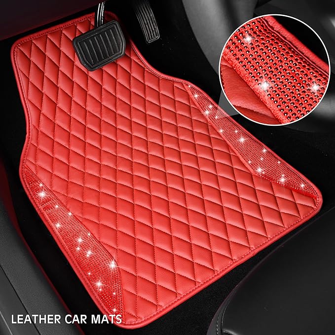 CAR PASS Bling Leather Car Mats Shining Diamond Floor Mats Crystal Rhinestones Sparkly Glitter Carpet Anti-Slip Waterproof Pad Universal Fit for Automotive SUV, Sedan, Van, 5pcs for Girl Women Red