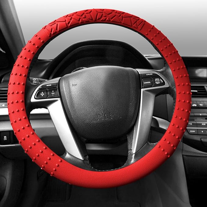 FH Group Universal Fit Silicone with Nibs and Pattern Massaging Grip Steering Wheel Cover fits most Cars, SUVs, Trucks, and Vans Red